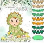 Faccito Dinosaur Baby Shower Party Games Pin the Pacifier Games Set Include Sage Green Dino Poster Blindfold 24 Pacifier Stickers for Jungle Dinosaur Birthday Party Baby Shower Activities Decorations