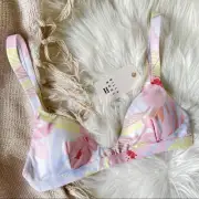 Billabong Pink Blue Multicolored Pastel Floral Banded Triangle Bikini Top Medium
