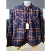 Ben Sherman Button Front Heavy Sherpa Lined Jacket Size 2XL Navy Blue Plaid NEW