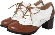 SHEMEE Women's Retro Wingtip Block Heel Lace Up Oxfords Stacked Chunky High Heels Pumps Vintage Round Toe Brogues Dress Shoes
