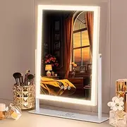 FENCHILIN Make-up Mirror with Lighting 30 x 40 cm Hollywood Mirror with Smart Touch Control 3 Colours Dimmable LED Light 360° Rotation 10x Magnification (White)