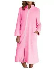 Women's Zip Up Robe Fleece Bathrobe Long Zipper Lounger Warm Small Pink