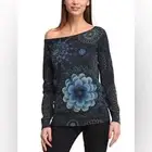 Desigual NWT Women's Lucke Knit Pullover Top Blue Floral Sparkle Size Small