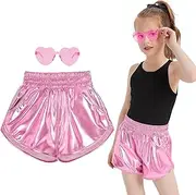 [techcity] Girls Metallic Shorts Sparkly Shiny Short Pants Casual Dance Party Costume Outfits with Sunglasses
