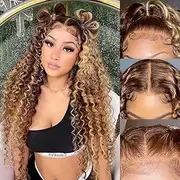 Ombre Lace Front Wig Human Hair 13x4 HD Transparent Deep Wave Wigs for Women 180% Density 4/27 Honey Blonde Highlight Color Glueless Curly Wigs
