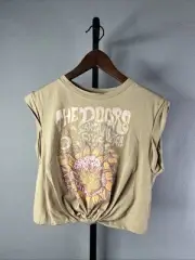 Micas Crop Graphic Tee Khaki Tan Womens Medium The Doors Cap Sleeve NWT