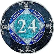 (Years 1-50) NA 24 Year Crystals and Glitter Medallion, Silver Color Plated Coin, Black Rainbow, Blue Glitter and Four Clear Crystals, Epoxy Covered (NA 24 Years Clean Time), small