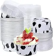 Heatunk 50pcs 5oz Mini Aluminum Pans with Lids - Foil Cups for Cupcakes, Ramekins, Baking - Dessert Cups for Cheesecakes and More - Dessert Containers in Cow Color