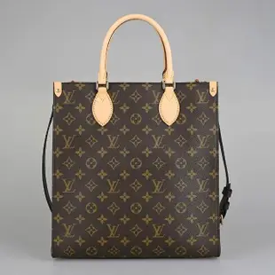 【Louis Vuitton 路易威登】LV Sac Plat PM復古印花LOGO Monogram帆布開口式手提/肩背包(棕褐)