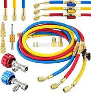 Innconee 12 Pcs 5FT AC Manifold Gauge Hose with R1234YF/R134A Self-Sealing Can Taps R410A Mini Split Tank Adapter Refrigerant Charging Hose for R134A R410A R404A R12 R22 R502 R1234YF Refrigerants