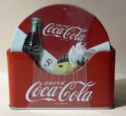 Drink Coca Cola Coaster Set Of 6 Coasters Cork Bottom in Tin with Tin Stand