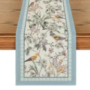 Blue Birds Flowers Blossom Table Runner, Seasonal Spring Floral Kitchen