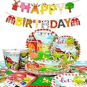 Farm House Fun Barnyard Animals Party Supplies,16 guests Farm Theme Birthday Decorations Tableware Set-Farm Party Plates Cups Napkins Tablecloth Banner etc Farm Birthday Party Supplies for Boys/Girls