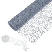 Flower Wrapping Mesh Paper, 15ft Floral Craft Package with Ribbon, Grey Blue