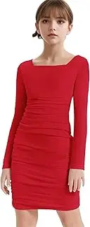 [DEVOROPA] Girls Long Sleeve Bodycon Dress Teens Cute Square Neck Ruched Tight Fit for Homecoming Party Dance Formal Outfit