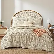 Oli Anderson Beige Queen Comforter Set Tufted Bedding Set Queen 3 Pieces, Boho Shabby Chic Comforter with 2 Pillowcases (Beige,Queen)