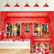 Red Christmas Backdrop Santa's Toy Shop Xmas Gift Candy Window Photography Background Christmas Shop Decoration Winter Family Holiday Party Banner 7x5FT