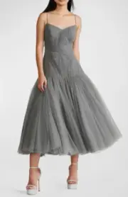 ZAC POSEN Pleated Tulle Fit-&-Flare Midi Dress Gray size 12 NWT