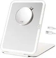 Rechargeable Travel Lighted Makeup Mirror with 10X Magnification, Foldable Compact Lighted Vanity Mirror with Lights, 78 LEDs 3 Colors Light Modes Tabletop Beauty Mirror for Travel