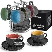 MIAMIO – 190 ml Ceramic Stackable Cappuccino Cup with Saucers and Metal Stand – Set of 6 Stoneware Cappuccino Mug Set for Specialty Coffee Drinks, Americano, Latte – Las Palmitas Collection