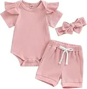 [Generic] Clothe Shirt Romper Suits Spring Summer And Autumn Baby Comfortable Romper Round Neck Flying Sleeve Shorts Headscarf Casual Suit Clothes Crop