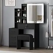ALFORDSON 4-Drawer Dressing Table, Lockable Drawer & Sliding Mirror, Vanity Set for Bedroom, 80x36x131.5cm, Black Color- 10 Brightness Levels, Hidden Storage Stool