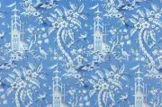 Thibaut Asian Chinoiserie Print Fabric- Pagoda Garden / Blue 1.95 yd F914204