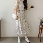Short-Sleeve Plain T-Shirt / Floral Print Midi A-Line Skirt T-Shirt - White - L