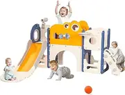 Aerlife 9 in1 Kids Slide Set with Dinosaur Bus-Themed, Toddler Slide Playset Includes Toy Telescope, Tunnel, Storage*2, Basketball Hoop & Ball, Extra Long Slides for Kids Indoor Outdoor Playground Toy