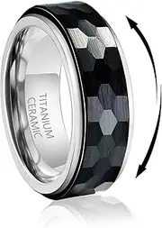 [TGNEL] 8mm Titanium Fidget Wedding Rings Hammered/Faceted Black Ceramic Half Sizes Spinner Rings for Men, Nickel Free Anxiety Relieving Rings Promise Engagement Finger Band Comfort fit Size 7-16
