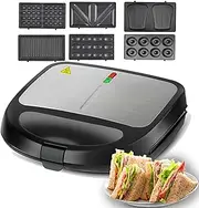 Sandwich Maker, Waffle Maker with 6 Non-Stick Removable Plates molds, 850W Heating Fast Constant Temperature Panini Press for Sandwich, Waffle, Steak, Omelet 24×24×8.3cm (Black)