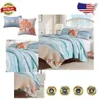 Reversible Maui Blue Quilt Set with Embroidered Shells - Perfect for Full/Queen
