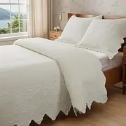 Brandream Cream Yellow White Quilt Set Twin Size Cotton Bedspreads Matelasse Coverlet Set Farmhouse Scalloped Edge Quilt Set 2-Piece Twin/Twin XL
