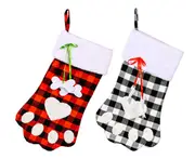 C35 2PCS Christmas Decoration Red and Black Lattice Christmas Dog Paw Socks Christmas Gift Bag Decoration Candy Socks