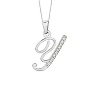 Sterling Silver Rhodium Plated Script Initial Letter Y With Diamonds On 18 Inch Chain ( 0.05 Tcw)