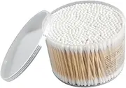 Mumoo Bear 500 Count Cotton Swabs, Double Round Wooden Sticks with Storage Box