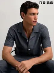 Reiss Petrol Blue Arnott Textured-Stripe Cuban-Collar Shirt (W61976) | $195