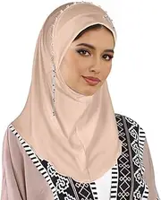 [SIQITECHNO] Women Plain Muslim Hijab Rhinestone Flower One piece Hijab with Chain Muslim Instant Turban Easy to Put on