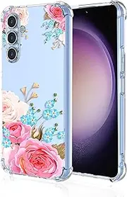 Compatible Samsung S23 FE 5G Case Drop-Proof, Shock-Absorbing, Transparent Design Soft TPU Gel Rubberized Soft Skin Silicone case (Pink Blue Flower)