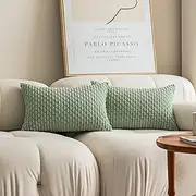 Kevin Textile 2 Packs Lumbar Decorative Throw Pillow Covers 12x20 Inch for Living Room Couch Bed Sofa, Soft Striped Corduroy Rectangle Cushion Case 30x50 cm, Farmhouse Boho Home Decor, Sage Green