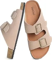[Intini] Womens Mens Cork Footbed Slide Sandals Suede Leather Flat Sandals Arch Support Slip on Summer Open Toe Outdoor Slippers with Adjustable Buckle