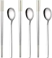 Reusable Korean Chopstick and Spoon Set, Long Handle Stainless Steel Soup Spoon and Chopsticks, Dishwasher Safe, Set of 3. (Silver)