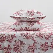 [Tahari Home] Queen Sheets, 4-Piece Cotton Flannel Bedding with Matching Pillowcases, Brushed for Extra Softness, Cozy Home Decor (Toile Red, Queen)