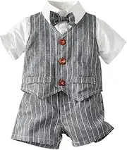 [Generic] 7 Piece Toddler Kids Baby Boys Formal Suit Gentleman Set Striped Slim Fit Shirt Vest Shorts Pants Outfits Tuxedo Christmas Clothes for Baby Girl