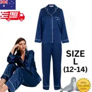 NEW IN BOX Peter Alexander Chic Navy Stripe Satin Long Pyjama Set Size L 12 14
