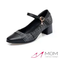 在飛比找momo購物網優惠-【MOM】真皮跟鞋 粗跟跟鞋 一字跟鞋/真皮時尚格子拼接一字