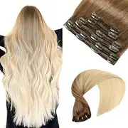 VINBAO Clip-In Real Hair Extensions Blonde Ombre Hair Extensions Clip-In #8T60 Light Brown to Platinum Blonde Clip-In Hair Extensions Real Hair Balayage 16 Inches 100 g 6 Pieces (#8T60.40 cm)