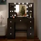 Bedroom LED Lights Mirror Dressing Table Set Black 7 Drawers Vanity Make up Desk