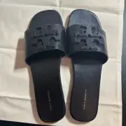 Tory Burch Ines Logo Leather Flat Slides Sandals Size 7