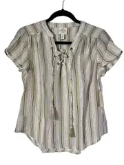 St John’s Bay Blouse Top Beige Stripe Short Sleeve Tassels Rayon Blend PS NWT